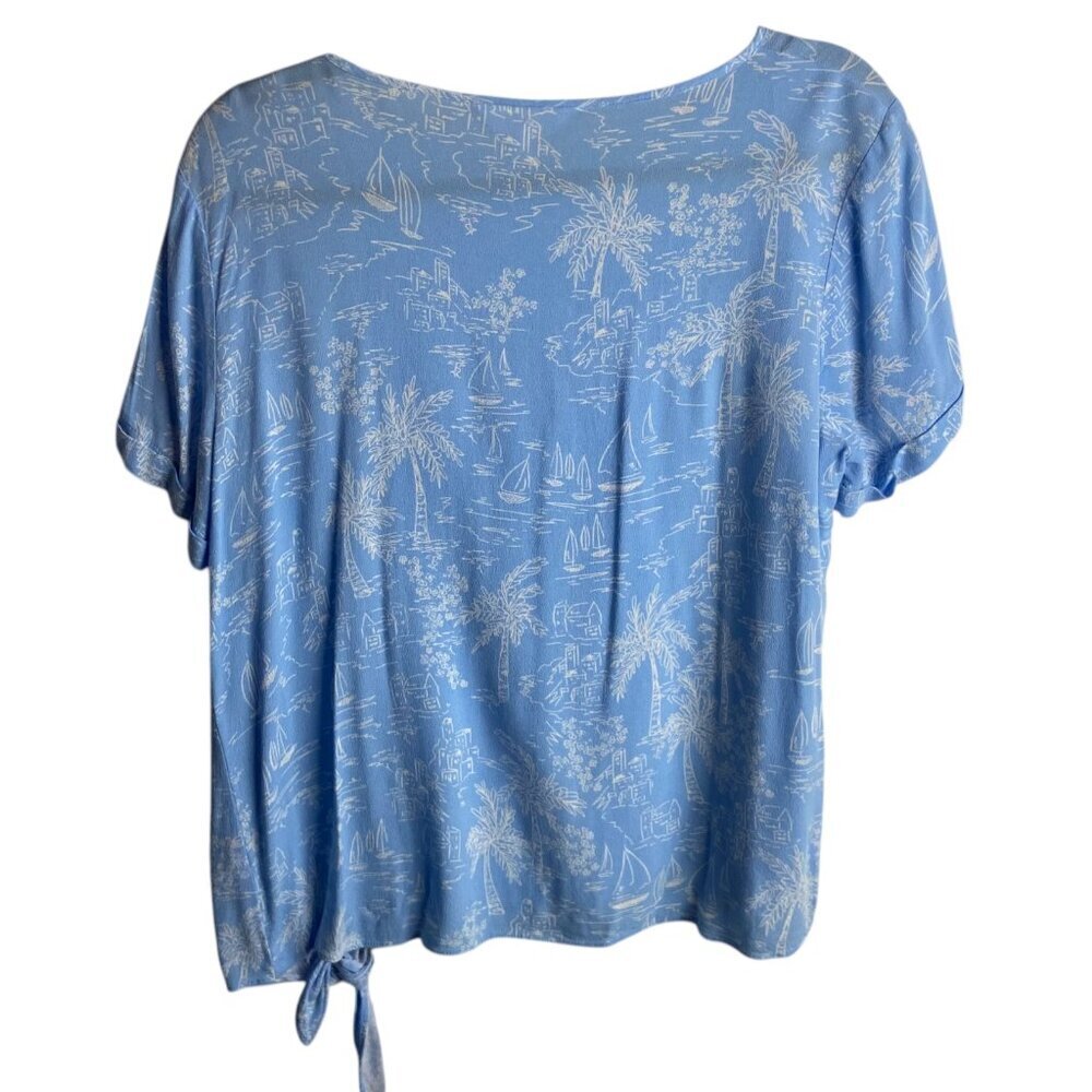 LC Lauren Conrad Size L Blue Short Sleeve Blouse Tie Top Costal Boat Print Beach - Picture 4 of 5